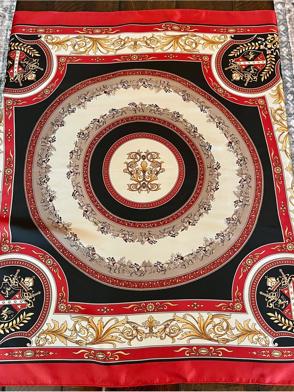 Talbots 100% Silk Equestrian Crest Scarf Red Black Gold 31” Square - Picture 3 of 12